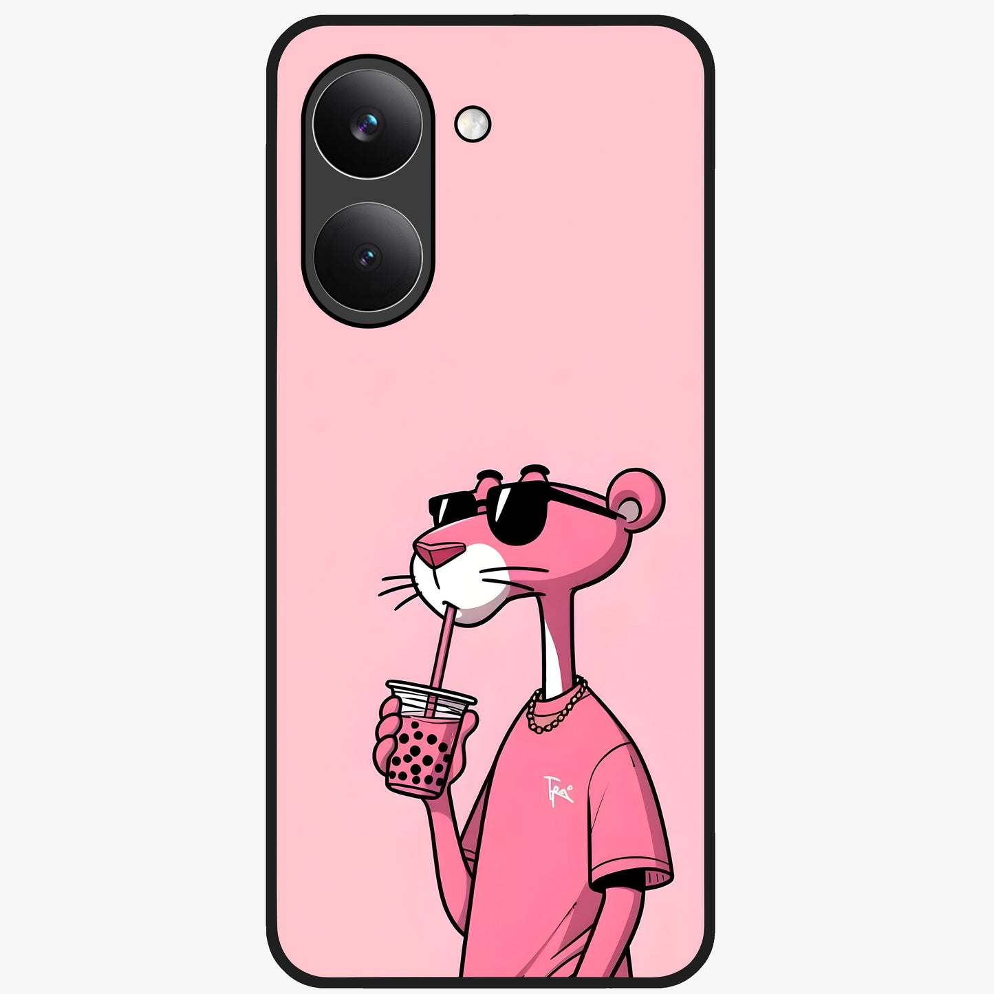 Pink Panther Glass Case showing flat back view with iconic pink panther artwork and glossy glass finish.