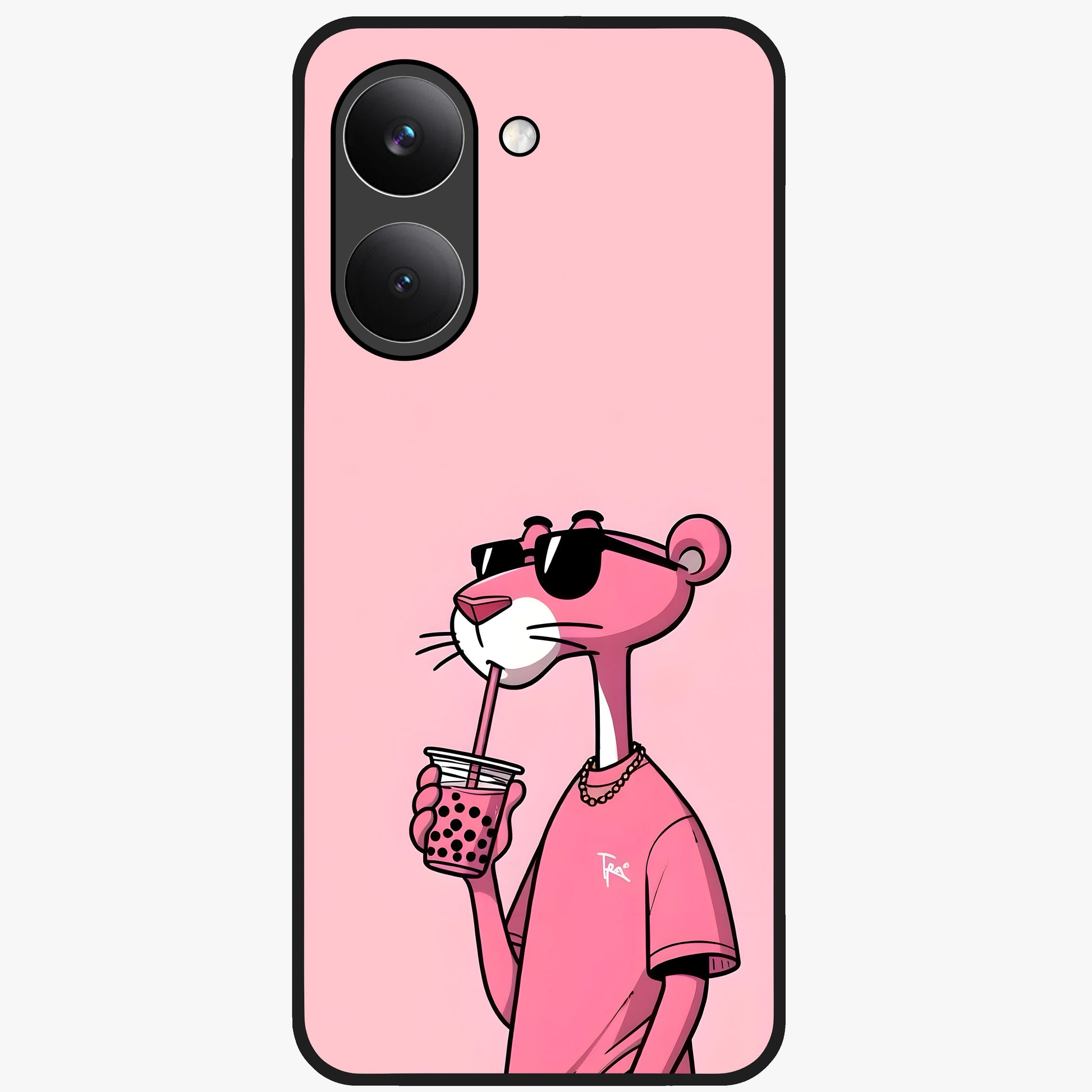 Pink Panther Glass Case showing flat back view with iconic pink panther artwork and glossy glass finish.