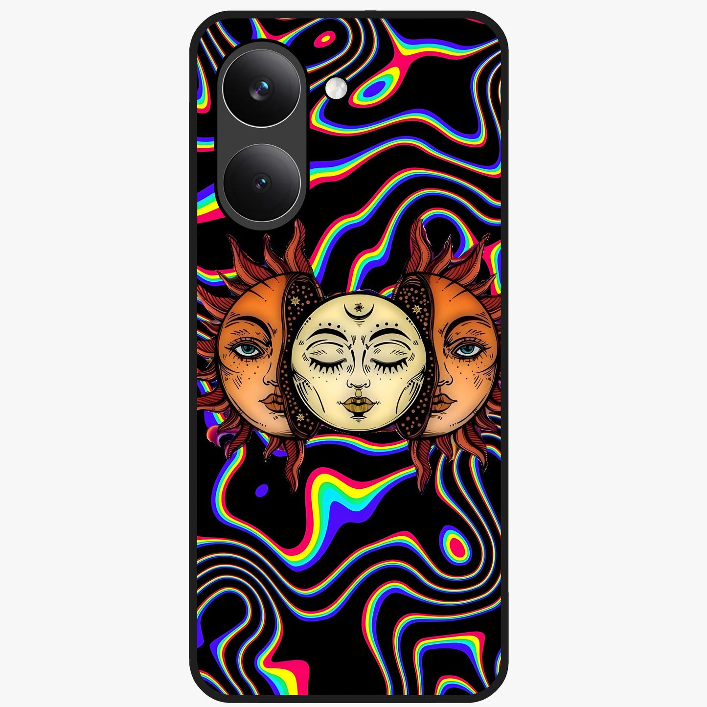 Psychedelic Sun Glass Case showing flat back view with colorful psychedelic sun artwork and glossy glass finish.