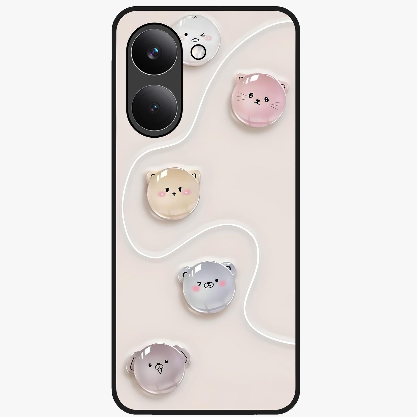 Puffy Face Parade Glass Case showing flat back view with cute puffy character faces artwork and glossy glass finish.
