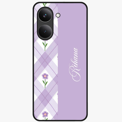 Purple Diamond Floral Glass Case showing flat back view with diamond shaped floral artwork and glossy glass finish.