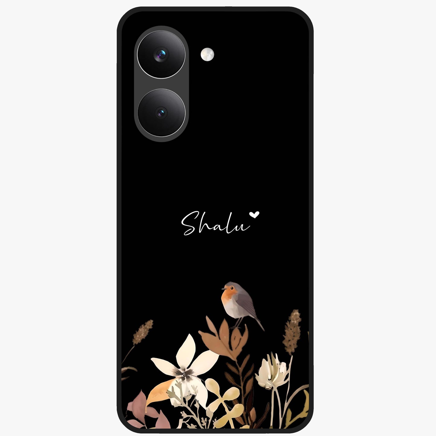 Quiet Garden Tune Custom Name Glass Case showing flat back view with peaceful garden artwork and personalized name design.