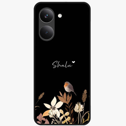 Quiet Garden Tune Custom Name Glass Case showing flat back view with peaceful garden artwork and personalized name design.
