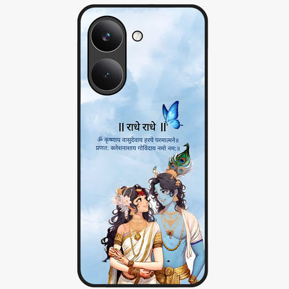 Radha Krishna Eternal Glass Case showing flat back view with Radha Krishna devotional artwork and glossy glass finish.