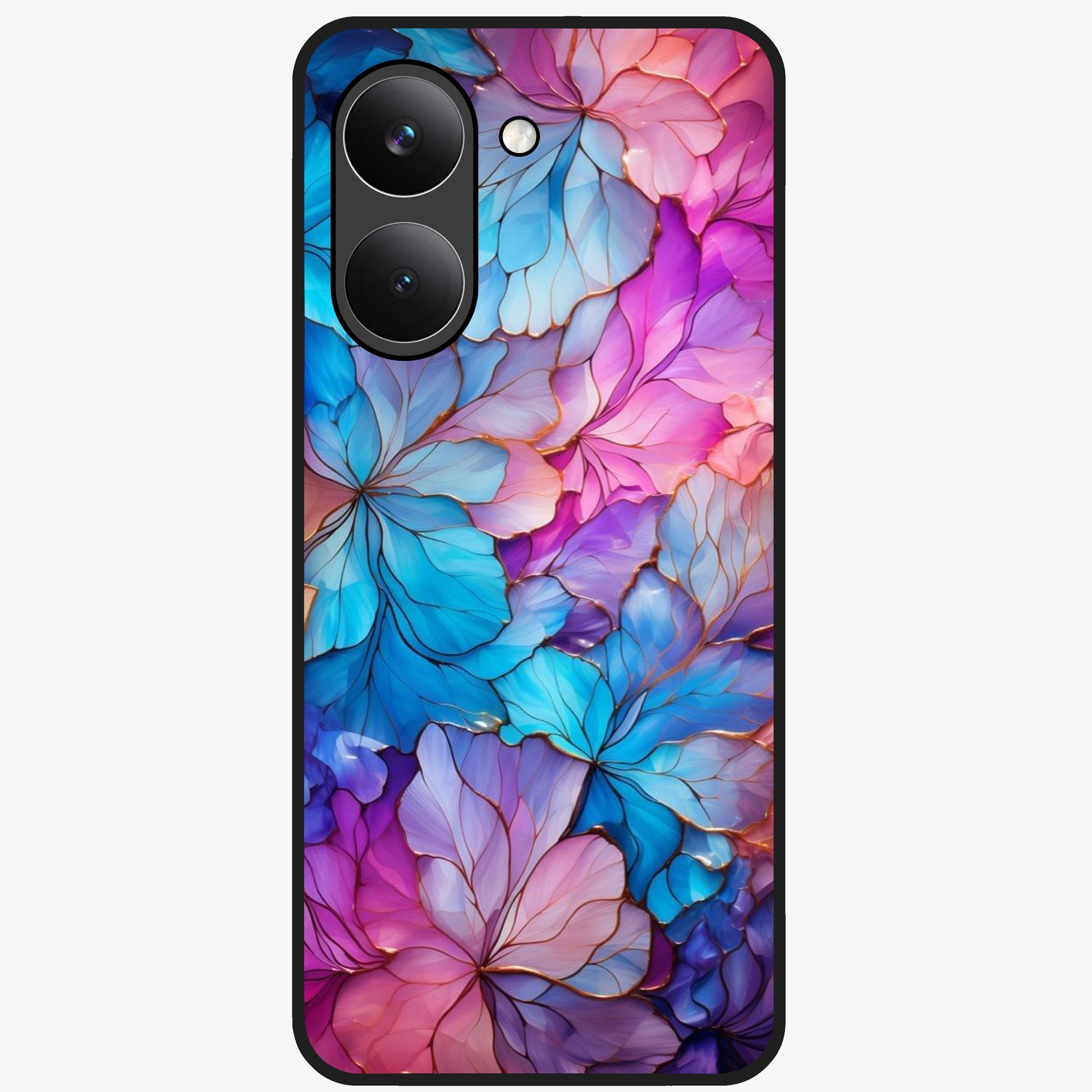Radiant Floral Whirl Glass Case showing flat back view with swirling floral artwork and glossy glass finish.