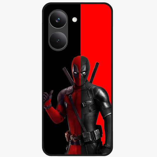 Red & Black Deadpool Theme Glass Case showing flat back view with bold comic inspired artwork and glossy glass finish.
