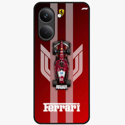 Red Ferrari F1 Vertical Glass Case showing flat back view with sleek Formula racing car artwork and glossy glass finish.