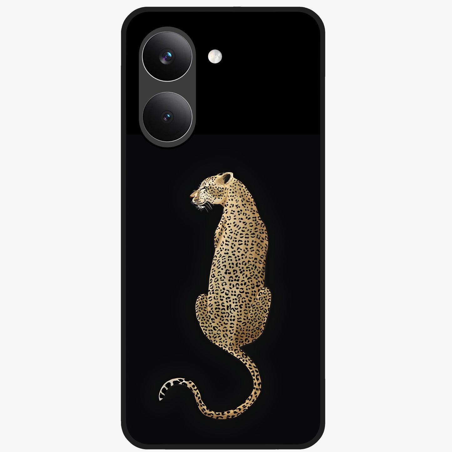 Regal Leopard Glass Case showing flat back view with bold leopard artwork and glossy glass finish.