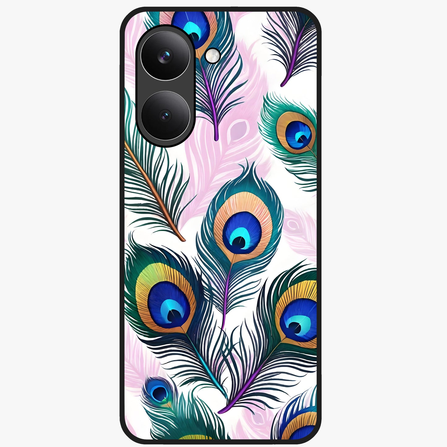 Royal Peacock Feathers Glass Case showing flat back view with colorful peacock feather artwork and glossy glass finish.