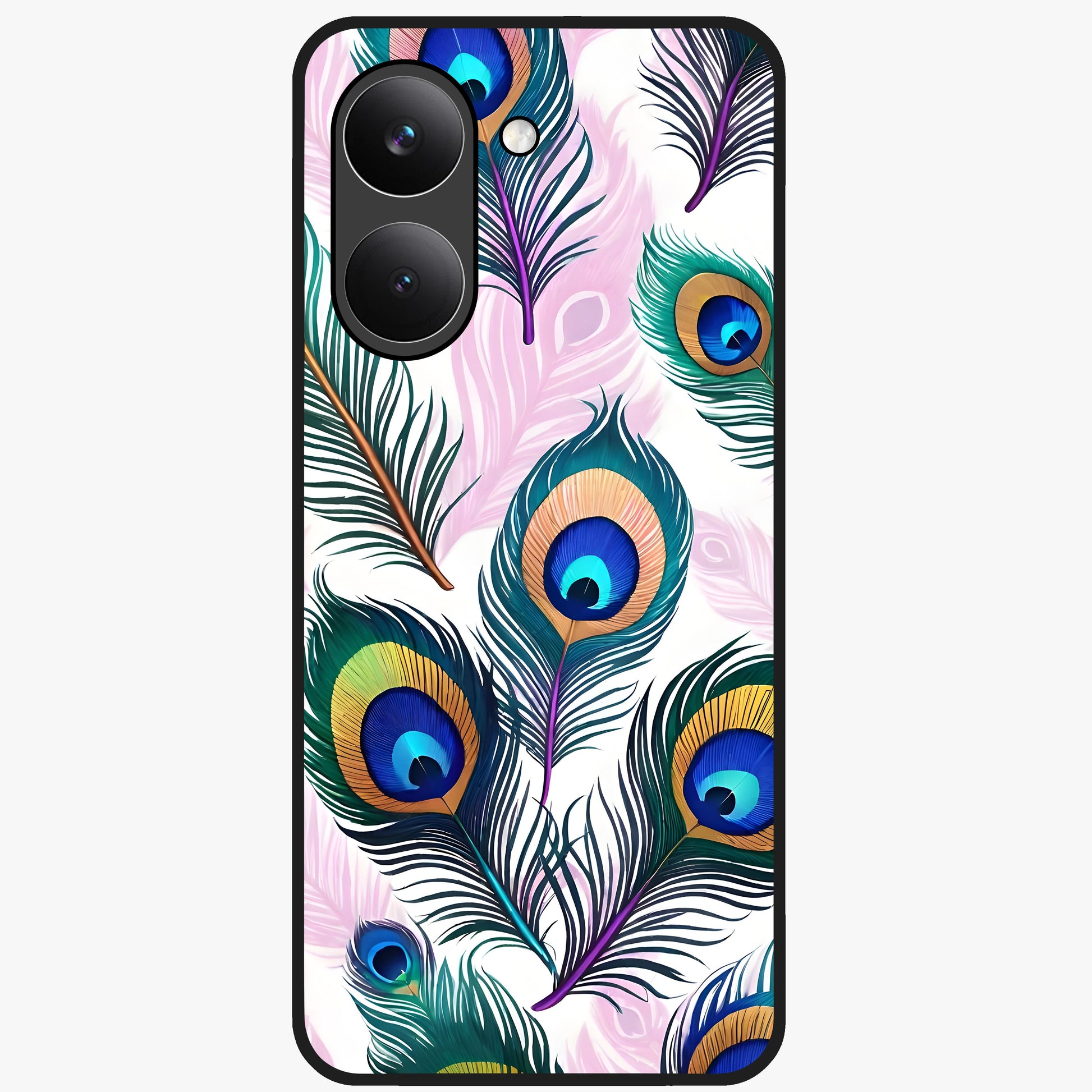 Royal Peacock Feathers Glass Case showing flat back view with colorful peacock feather artwork and glossy glass finish.