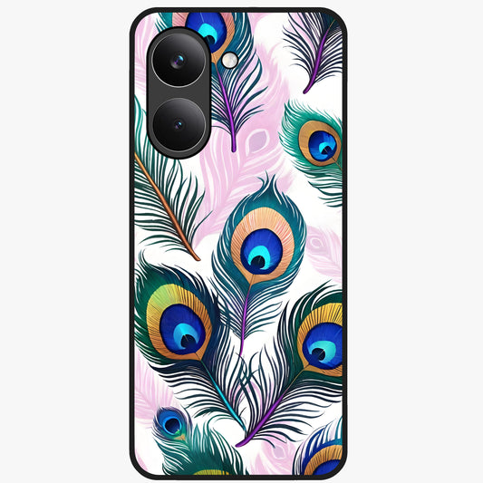 Royal Peacock Feathers Glass Case showing flat back view with colorful peacock feather artwork and glossy glass finish.