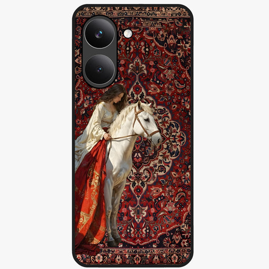 Royal Rider Tapestry Glass Case showing flat back view with majestic horse rider tapestry artwork and glossy glass finish.