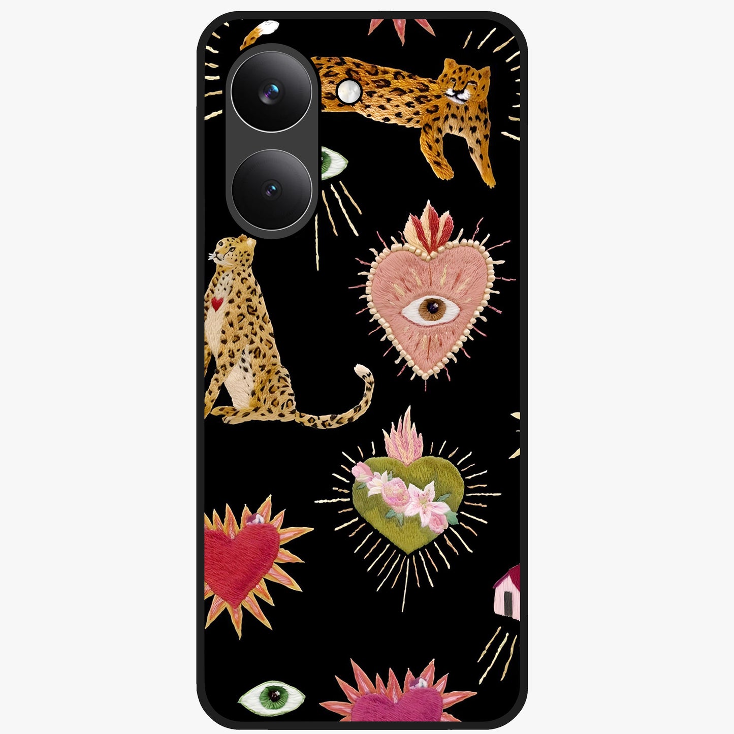 Sacred Jungle Heart Glass Case showing flat back view with jungle inspired heart artwork and glossy glass finish.
