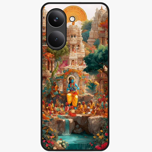 Sacred Sunlight Gods Glass Case showing flat back view with divine sunlight themed artwork and glossy glass finish.