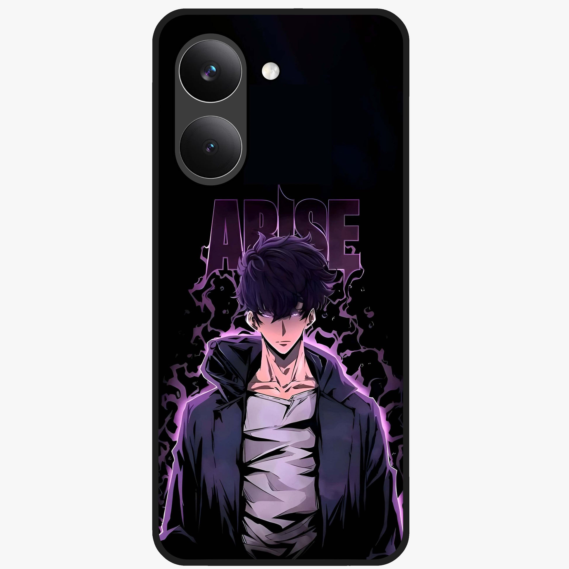 Shadow Monarch Awakening Glass Case showing flat back view with powerful dark monarch themed artwork and glossy glass finish.