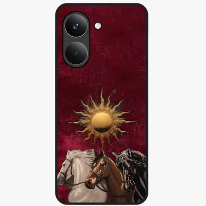 Solar Riders Glass Case showing flat back view with dynamic rider themed artwork and glossy glass finish.