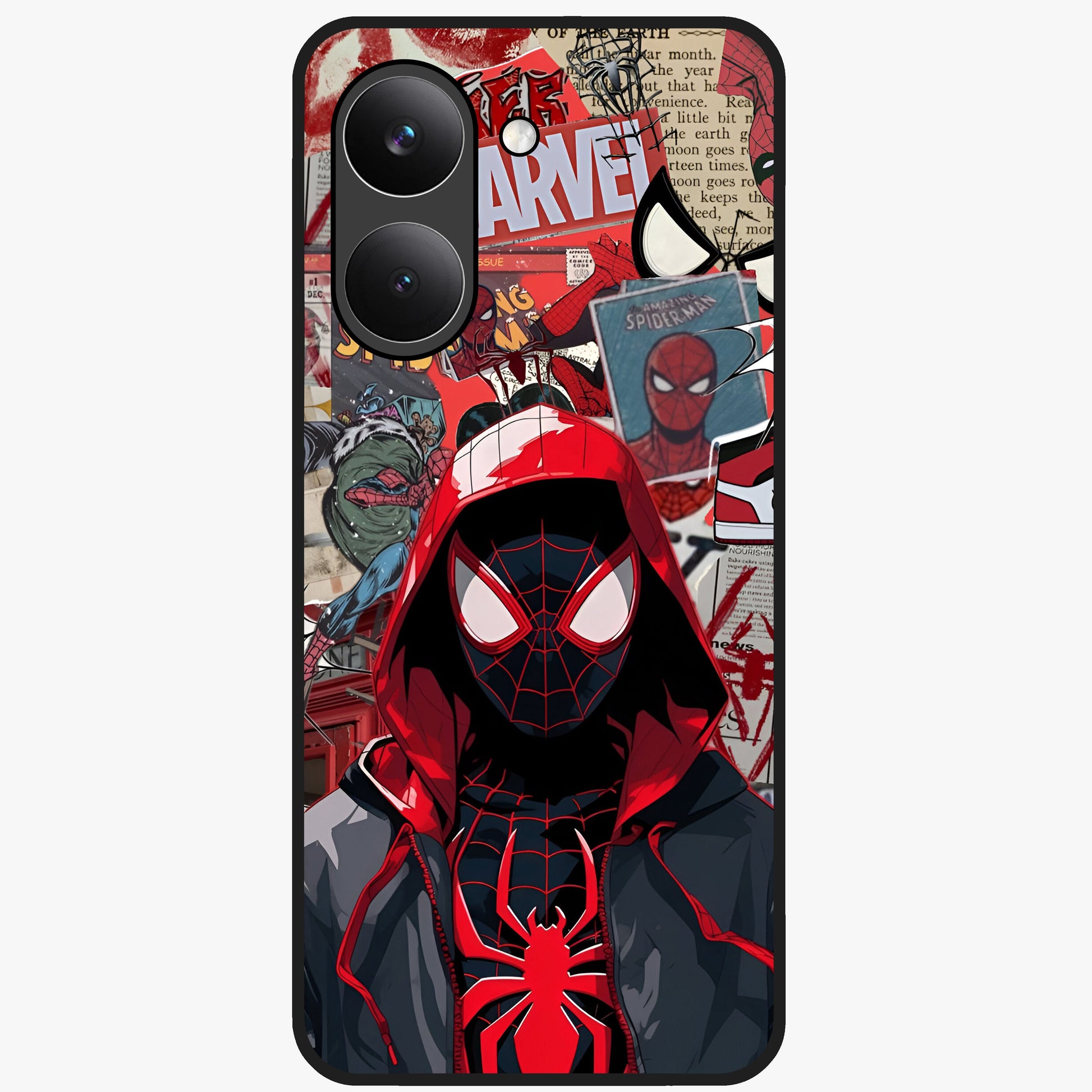Spider Collage Street Glass Case showing flat back view with vibrant superhero collage artwork and glossy glass finish.