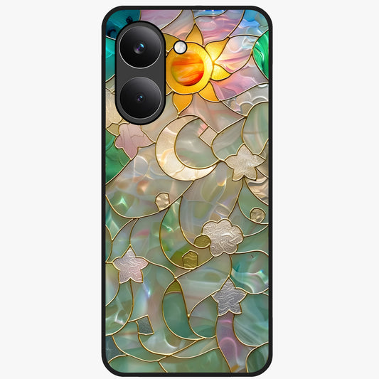 Stained Sunrise Glow Glass Case showing flat back view with glowing sunrise stained pattern artwork and glossy glass finish.