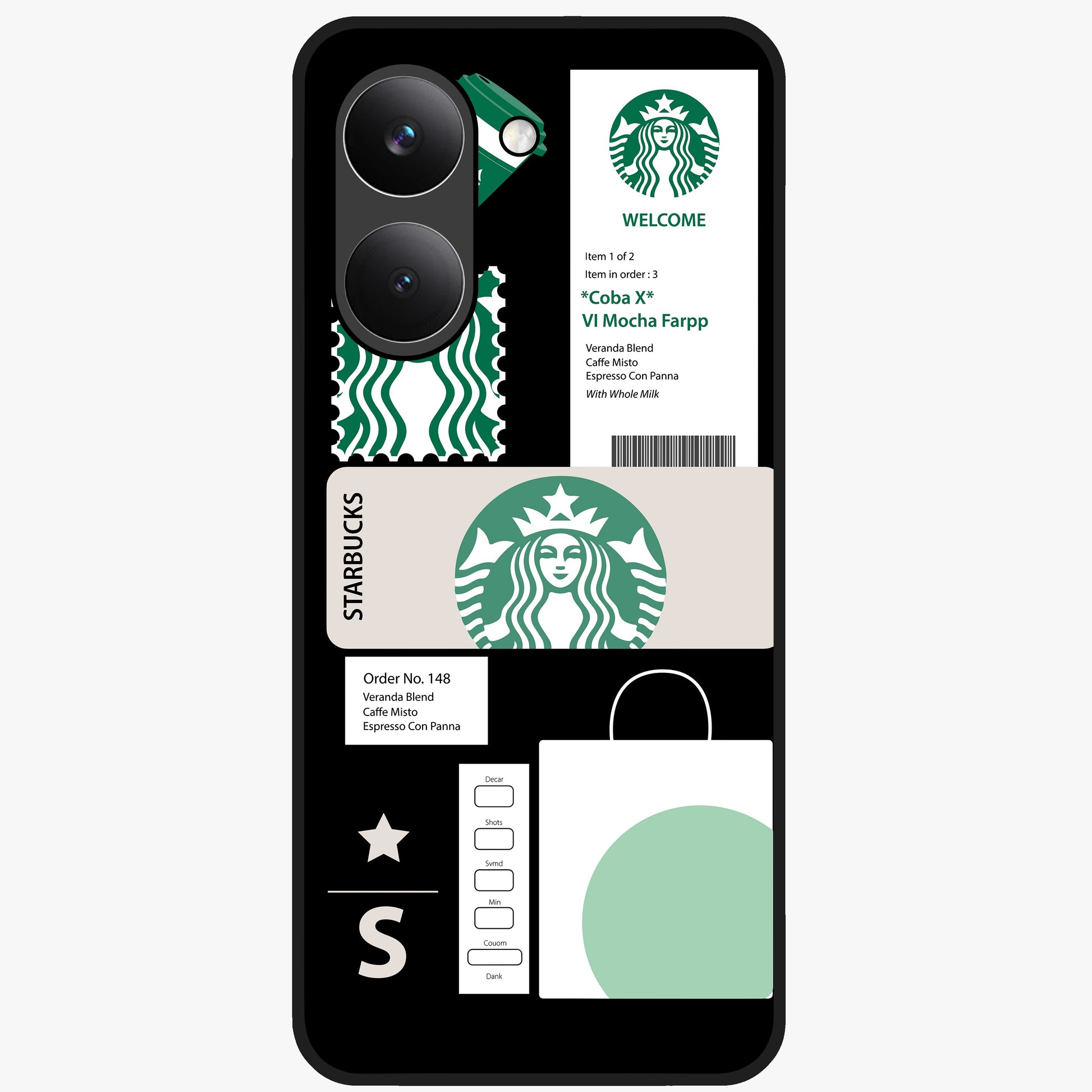 Starbucks Mocha Glass Case showing flat back view with coffee inspired artwork and glossy glass finish.