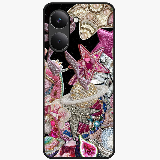 Starlit Jewel Dream Glass Case showing flat back view with sparkling jewel and star themed artwork and glossy glass finish.