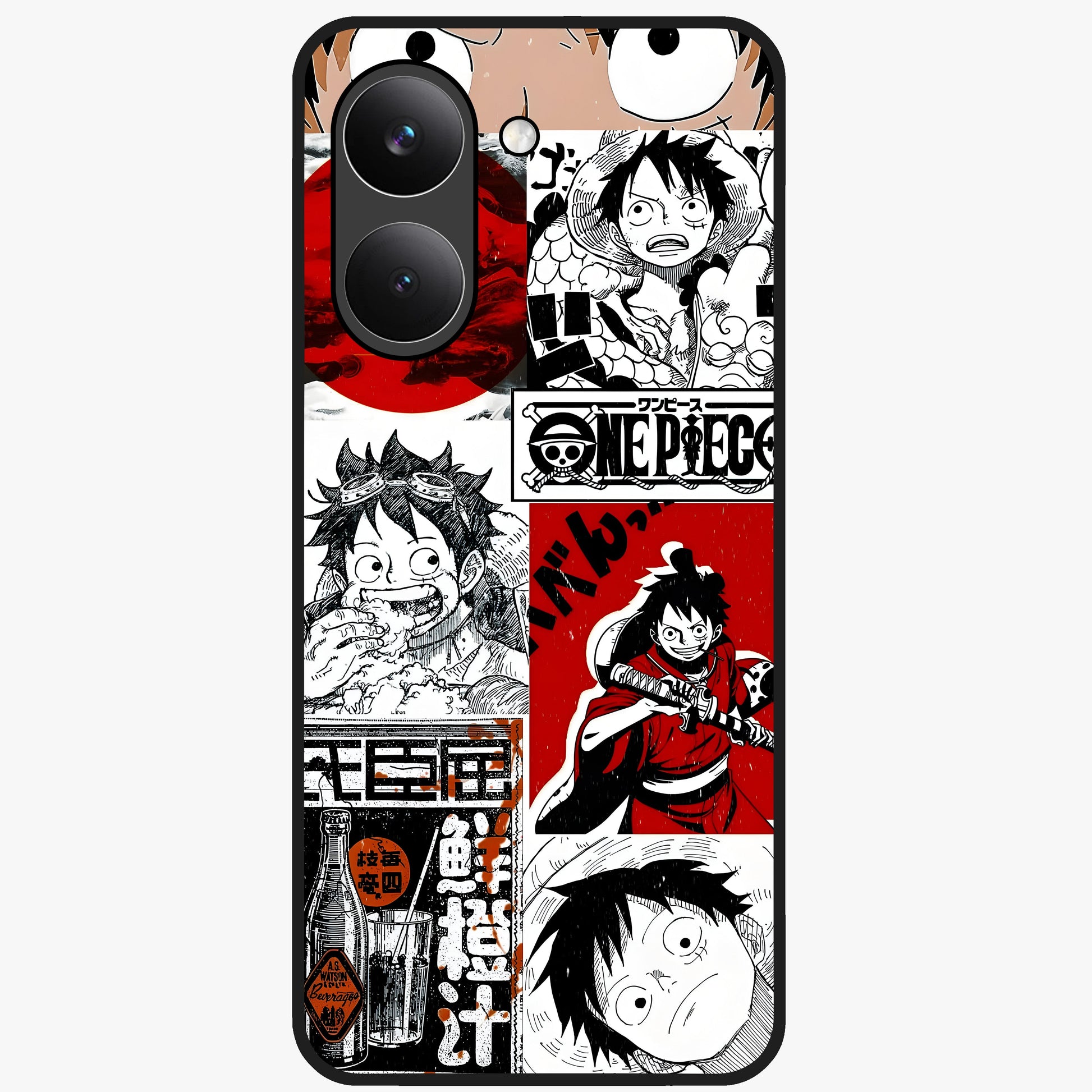 Strawhat Chaos Panels Glass Case showing flat back view with anime inspired chaos panel artwork and glossy glass finish.