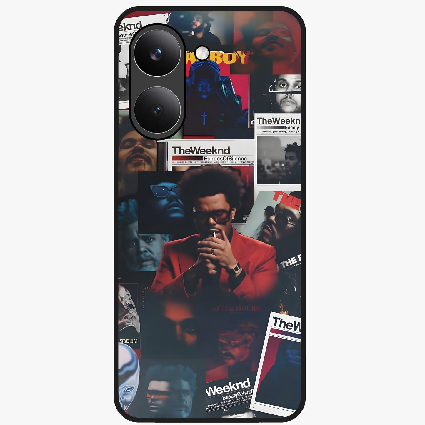 The Weeknd Glass Case showing flat back view with music inspired artistic portrait artwork and glossy glass finish.