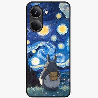 Totoro In Van Gogh Art Glass Case showing flat back view with whimsical character artwork inspired by Van Gogh style and glossy glass finish.