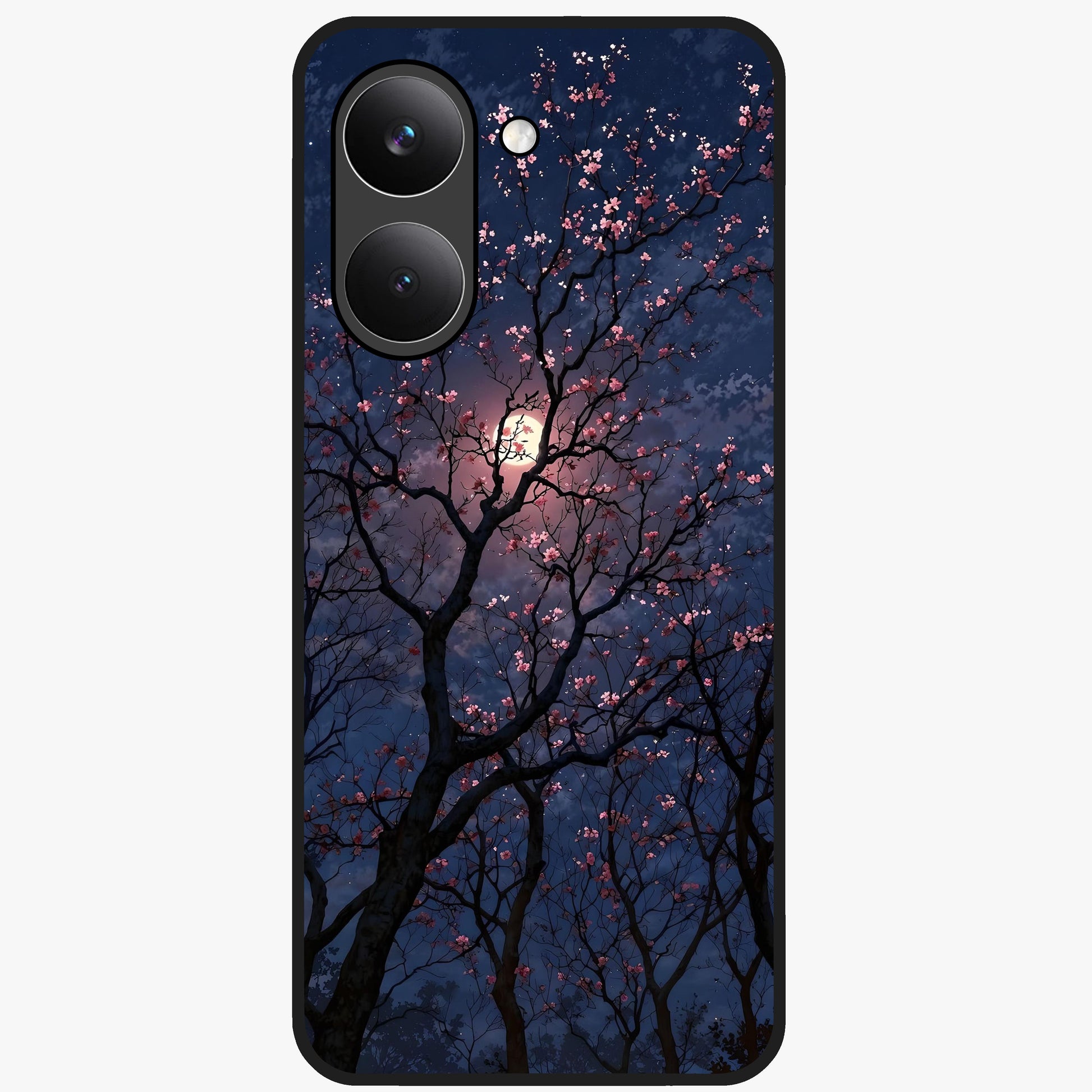 Twilight Sakura Serenade Glass Case showing flat back view with cherry blossom artwork at twilight and glossy glass finish.