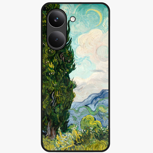 Van Gogh Vintage Art Glass Case showing flat back view with vintage painterly artwork inspired by Van Gogh style and glossy glass finish.