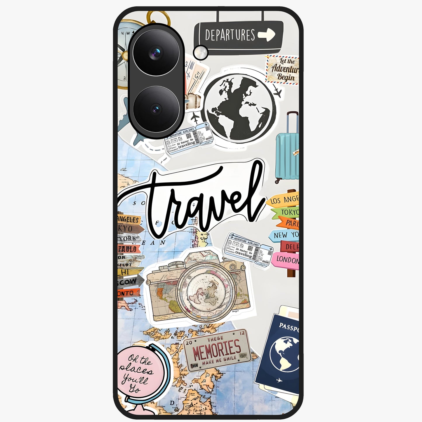 Wanderlust Journal Glass Case showing flat back view with travel inspired artwork and glossy glass finish.