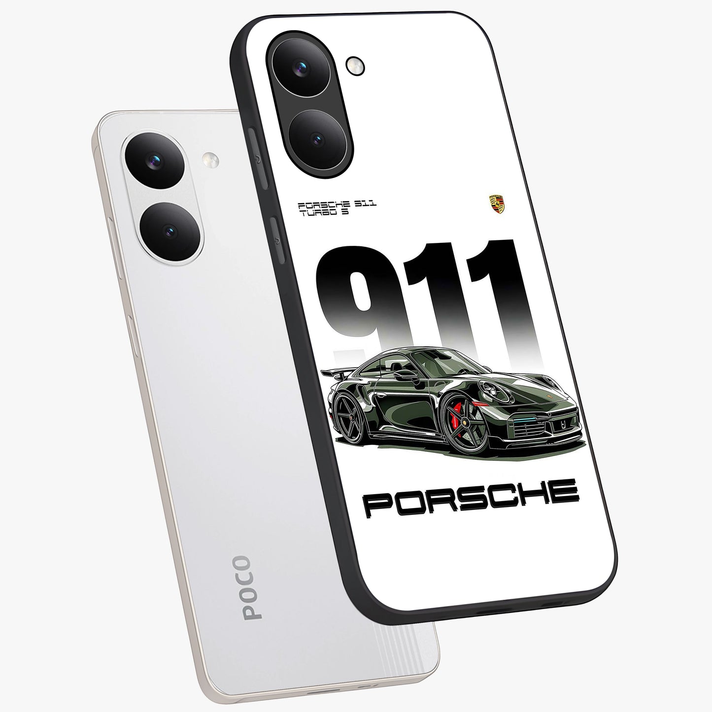 911 Turbo Dominance Glass Case displayed in premium angled mockup highlighting sporty car illustration and sleek glass surface.