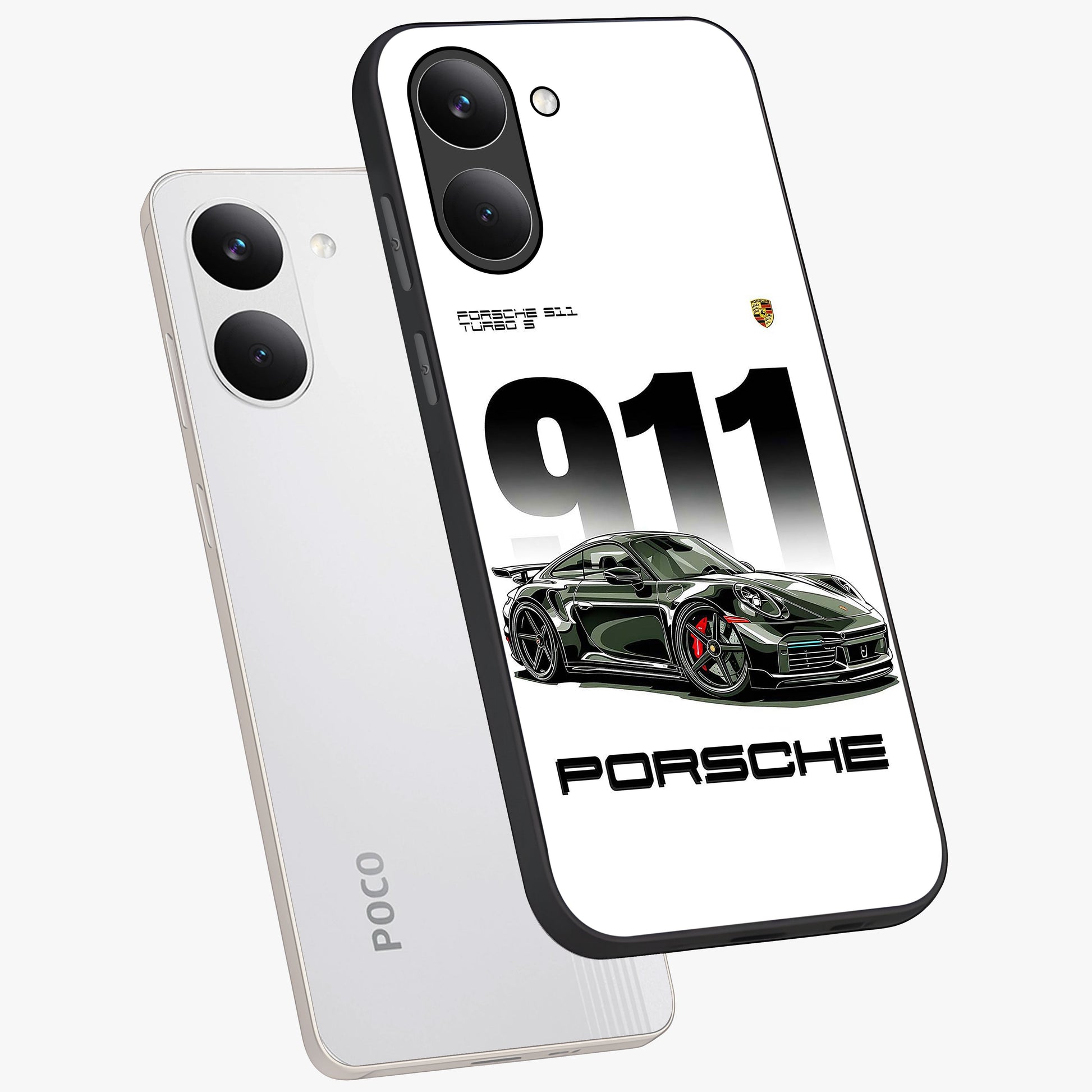911 Turbo Dominance Glass Case displayed in premium angled mockup highlighting sporty car illustration and sleek glass surface.
