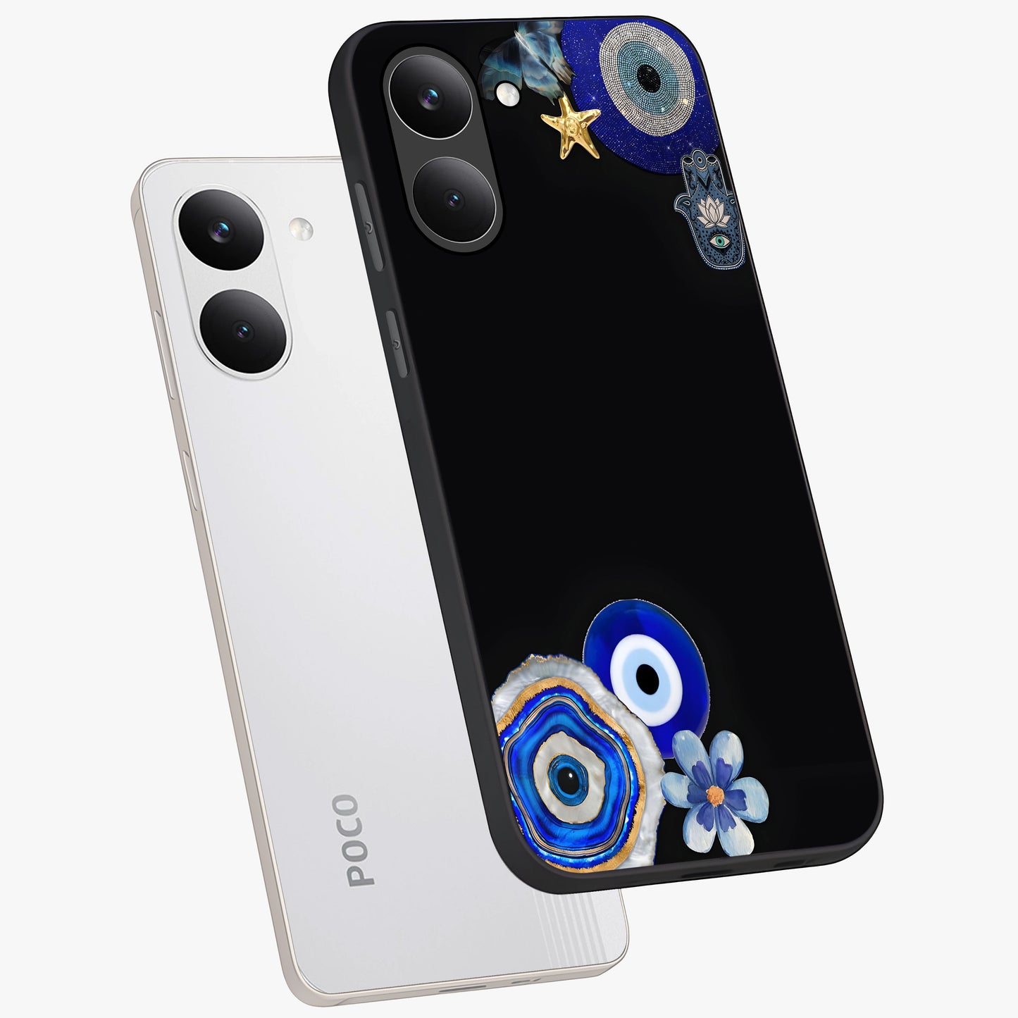 Aesthetic Blue Evil Eye Glass Case displayed in angled mockup highlighting blue evil eye symbol and spiritual aesthetic design.