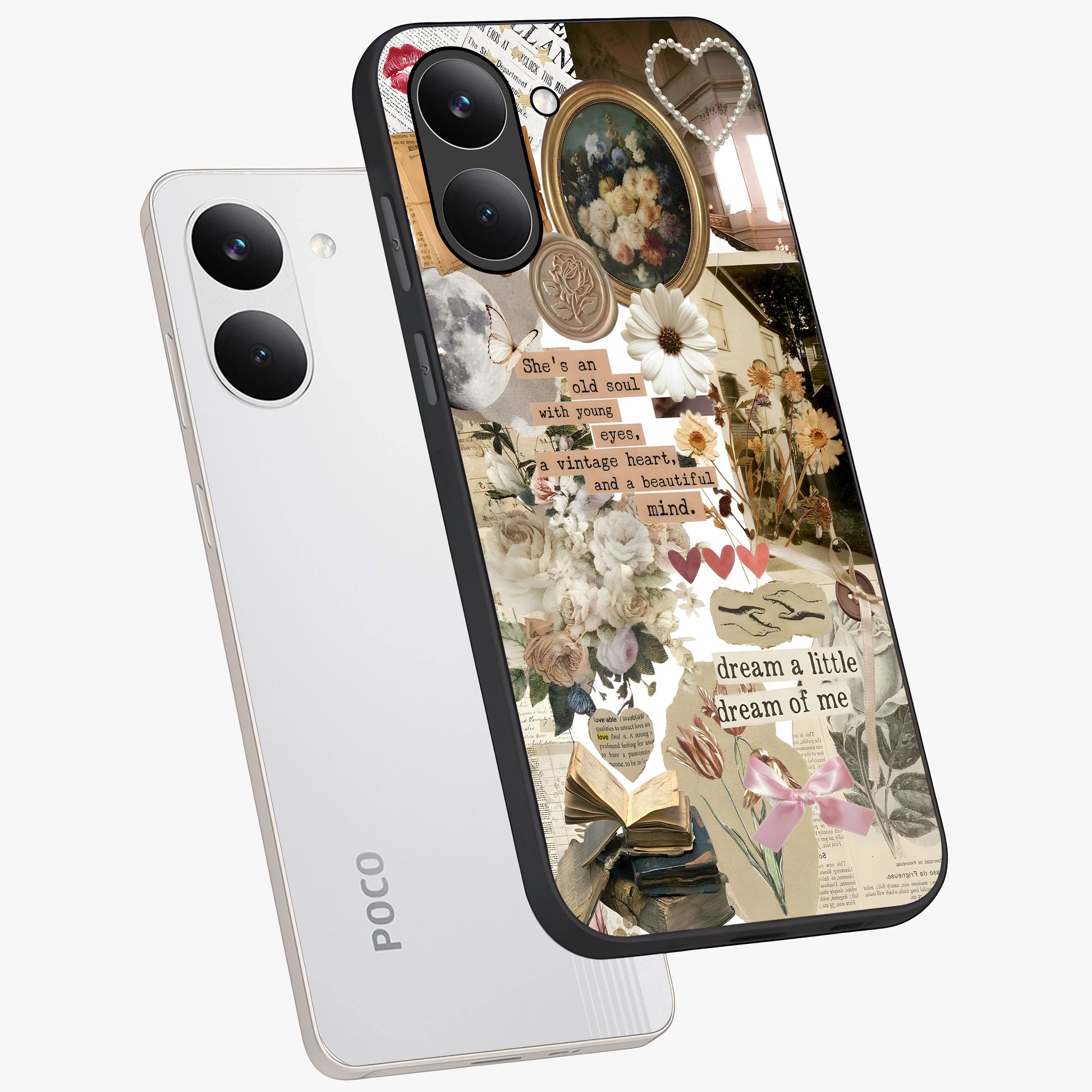 Aesthetic Brown Vintage Collage Glass Case displayed in angled mockup highlighting vintage aesthetic collage design.