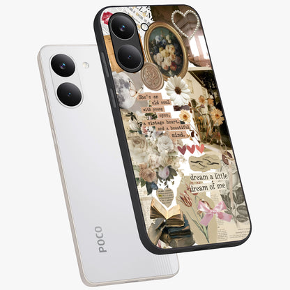 Aesthetic Brown Vintage Collage Glass Case displayed in angled mockup highlighting vintage aesthetic collage design.