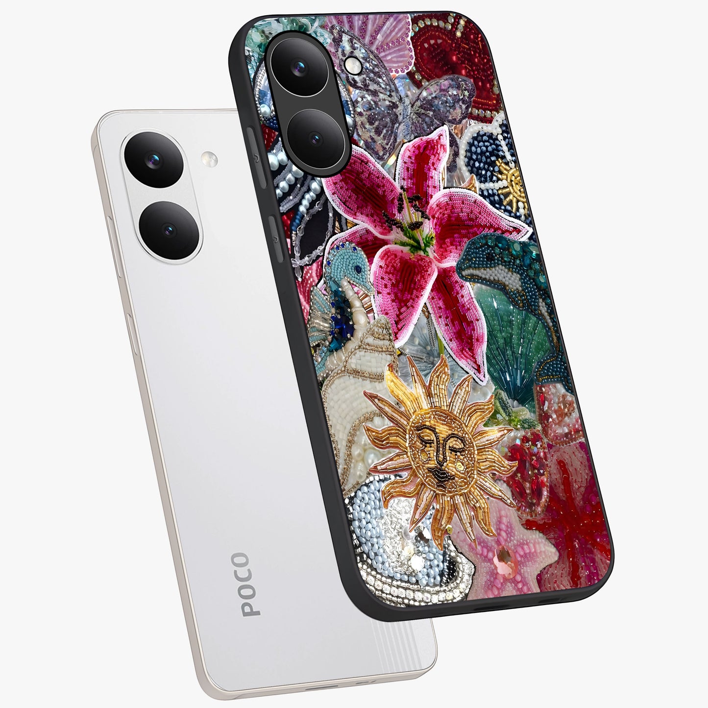 Beaded Garden Fantasy Glass Case displayed in angled mockup highlighting fantasy inspired floral bead pattern.