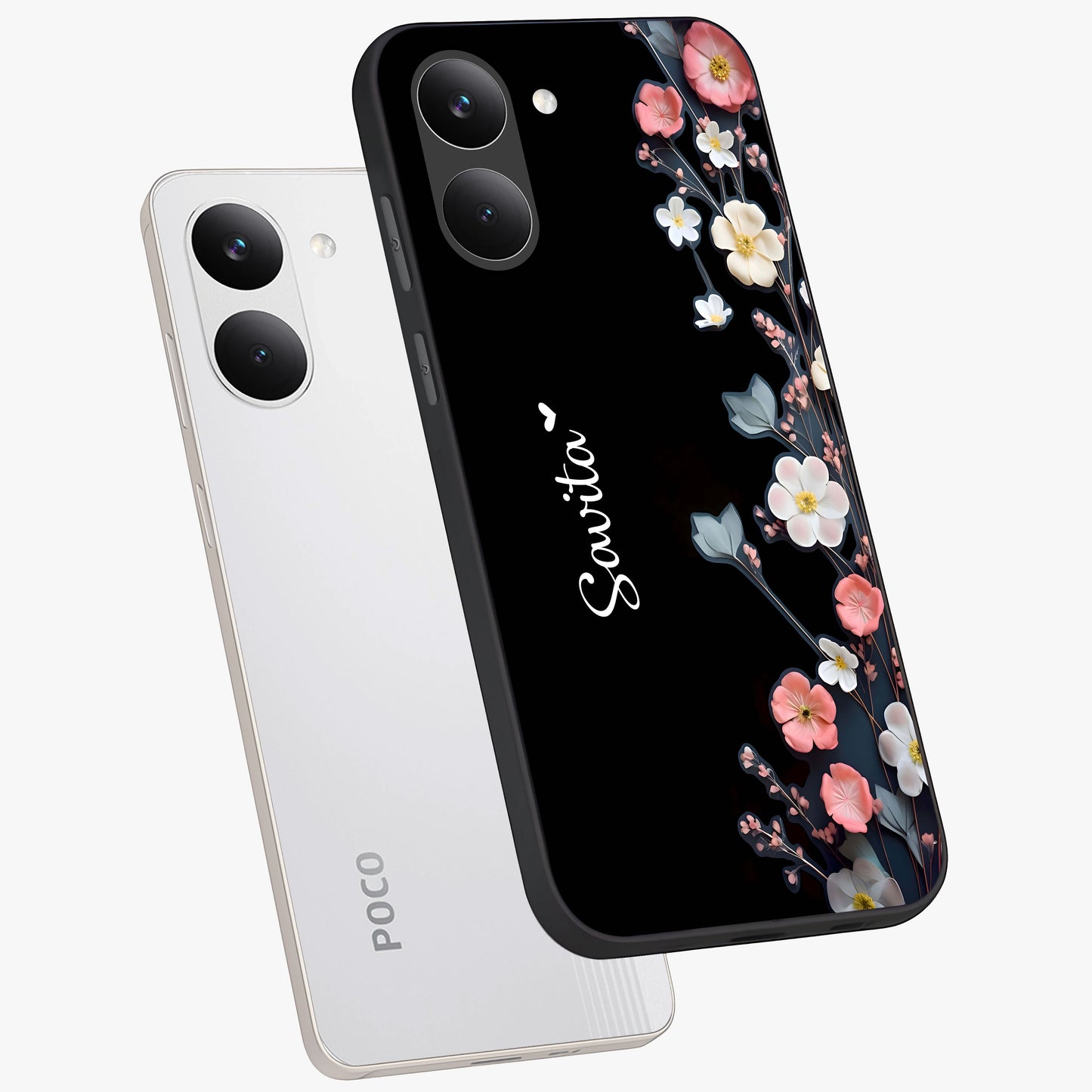 Black Elegance Floral Custom Name Glass Case displayed in angled mockup highlighting dark floral aesthetic and custom name feature.