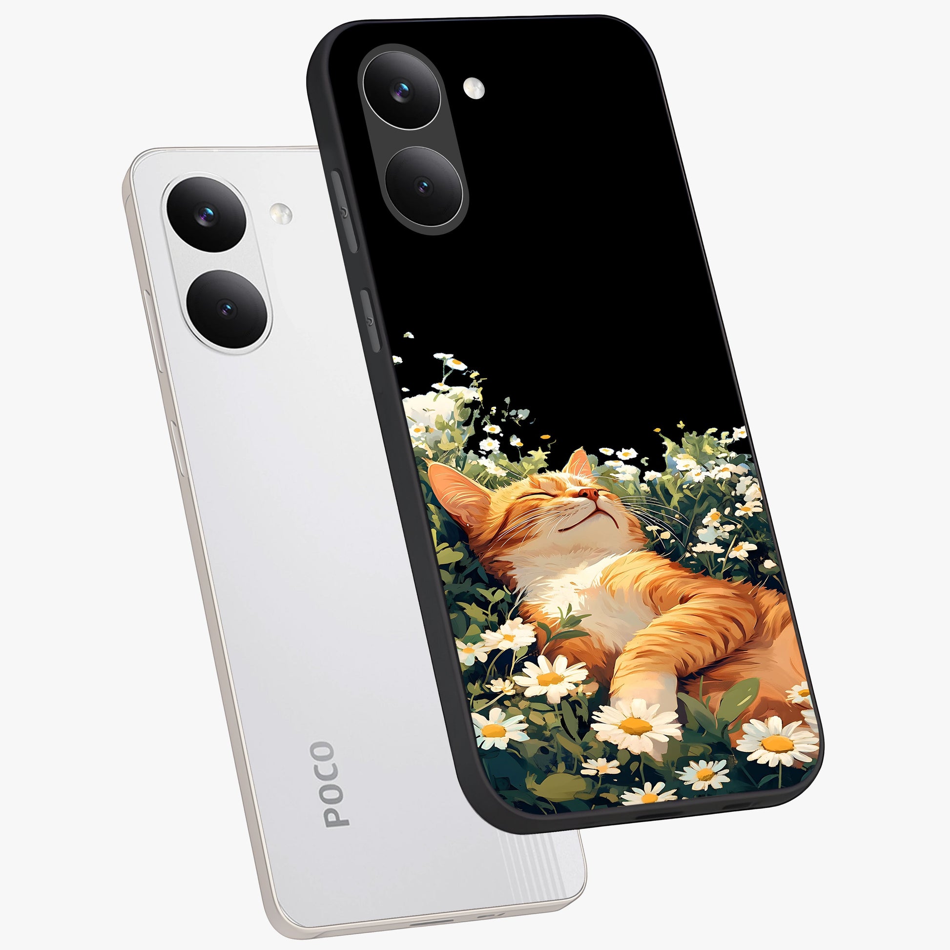 Blissful Bloom Cat Glass Case displayed in angled mockup highlighting playful feline illustration with soft floral aesthetic.