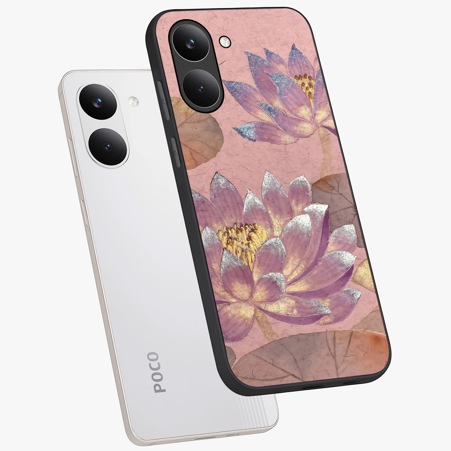 Blossom Mist Lotus Glass Case displayed in angled mockup highlighting delicate lotus illustration with calm aesthetic theme.