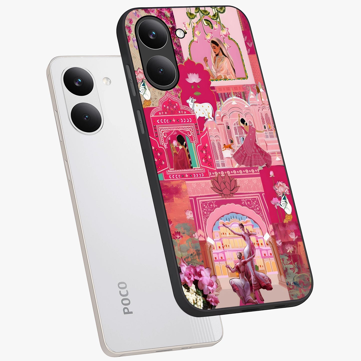Blossoms of Rajasthan Glass Case displayed in angled mockup highlighting vibrant floral pattern with cultural aesthetic style.