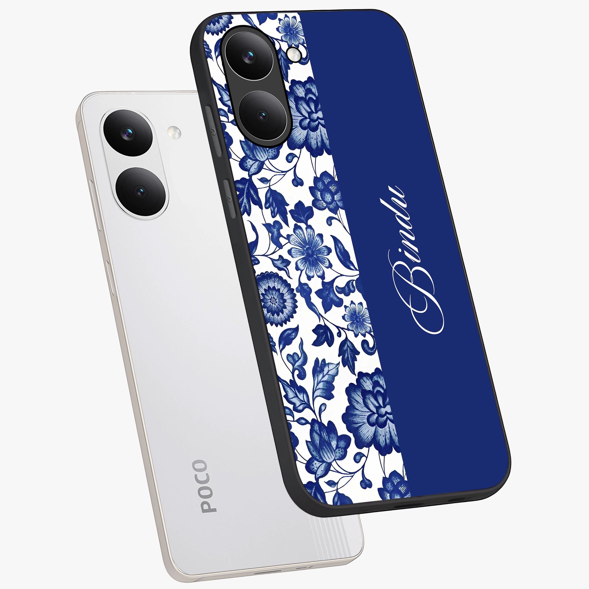 Blue Vintage Floral Pattern Glass Case displayed in angled mockup highlighting subtle bloom pattern with aesthetic pastel design.