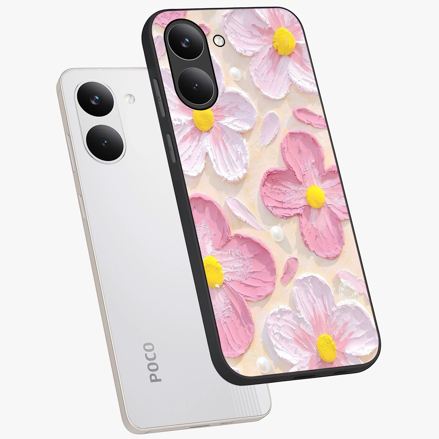 Blush Bloom Texture Glass Case displayed in angled mockup highlighting subtle bloom pattern with aesthetic pastel design.
