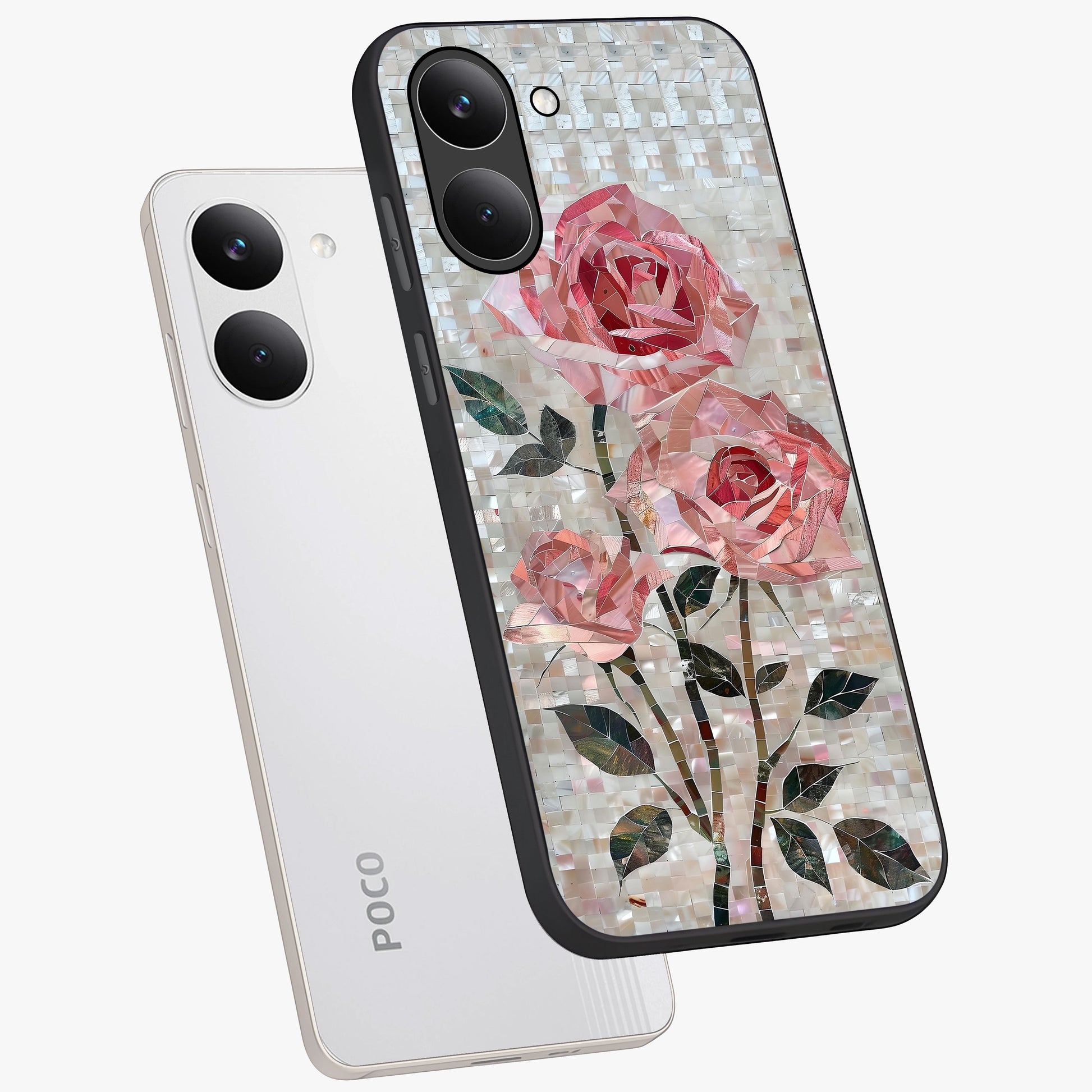 Blush Mosaic Bloom Glass Case displayed in angled mockup highlighting artistic mosaic flower pattern with aesthetic design.