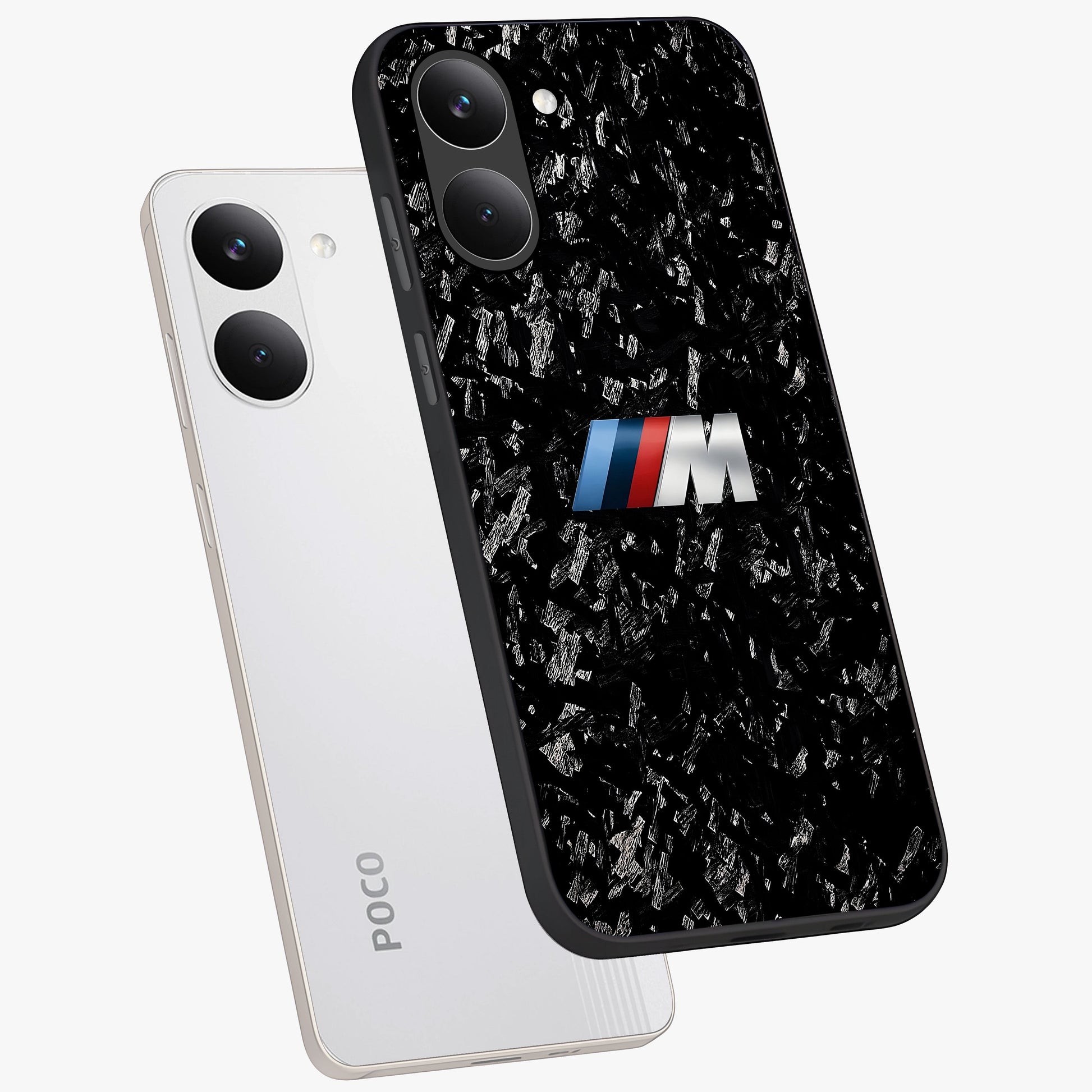 Carbon Speed Mark Glass Case displayed in angled mockup highlighting racing inspired carbon design and sleek aesthetic style.