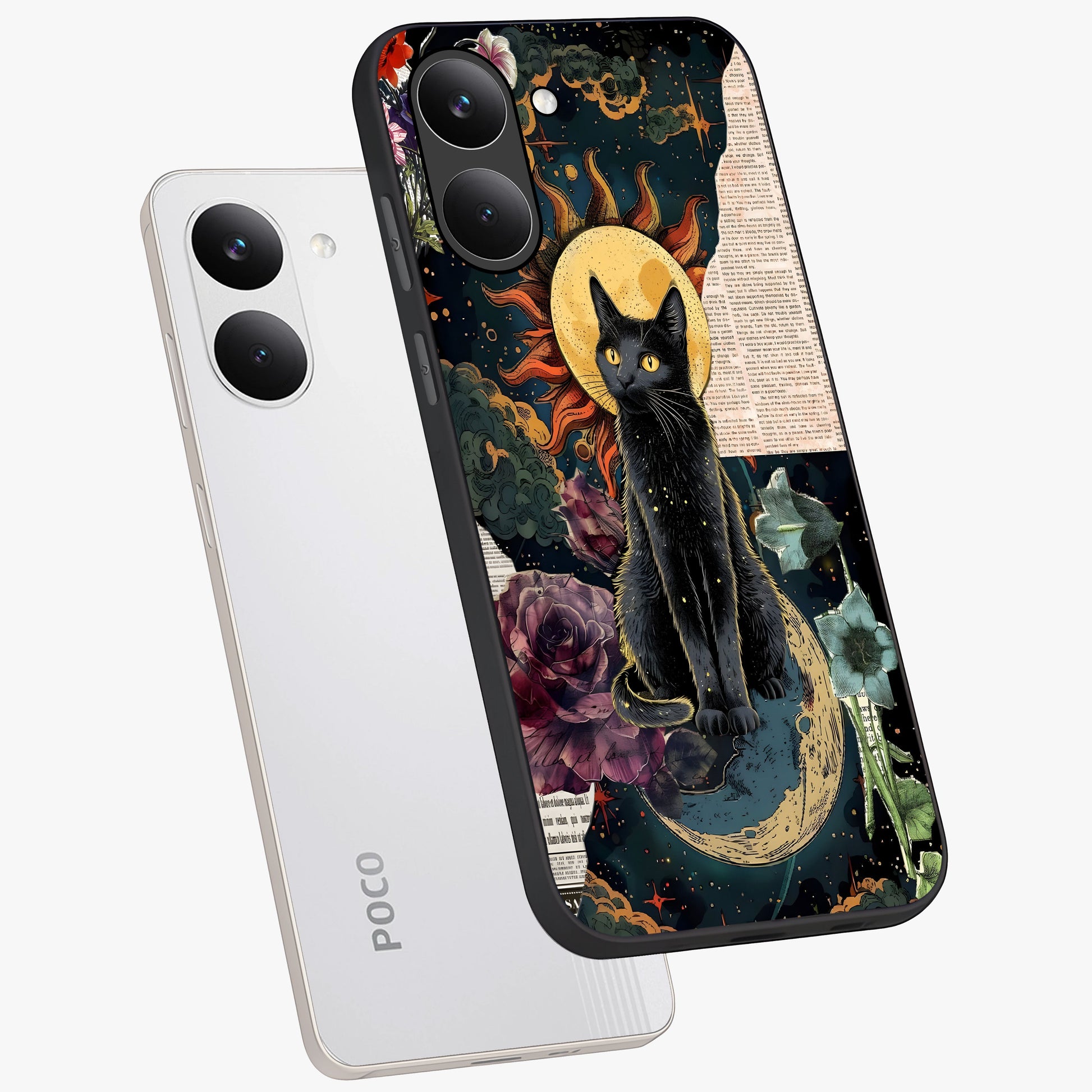 Celestial Black Cat Glass Case displayed in angled mockup highlighting cosmic black cat design with celestial aesthetic.
