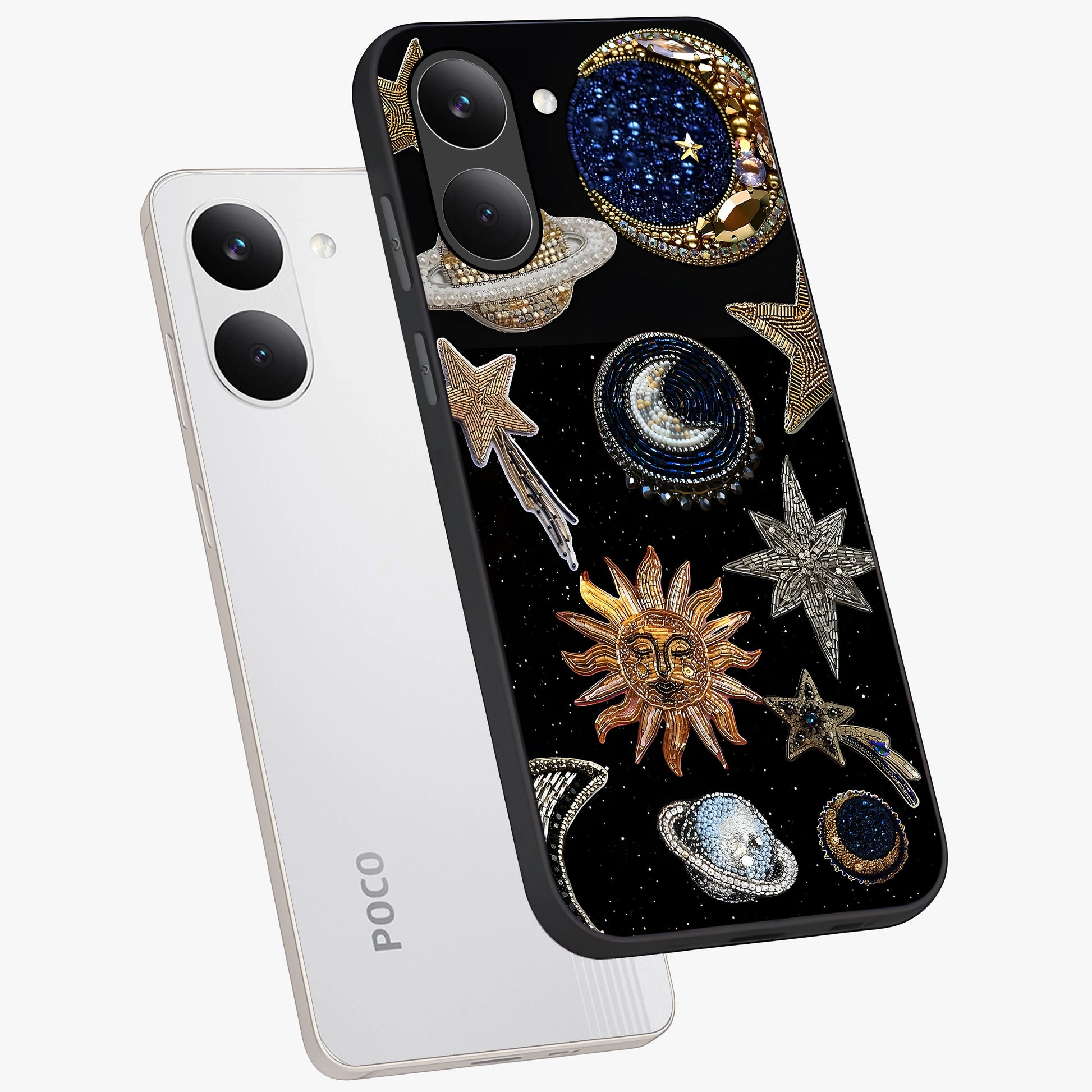 Celestial Gem Constellations Glass Case displayed in angled mockup highlighting gemstone inspired constellation design.