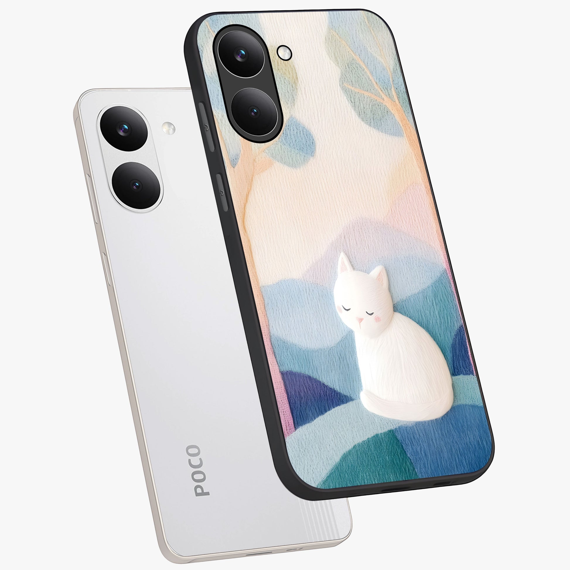Cotton Dream Cat Glass Case displayed in angled mockup highlighting cute feline illustration with pastel aesthetic style.