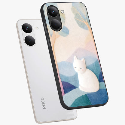 Cotton Dream Cat Glass Case displayed in angled mockup highlighting cute feline illustration with pastel aesthetic style.