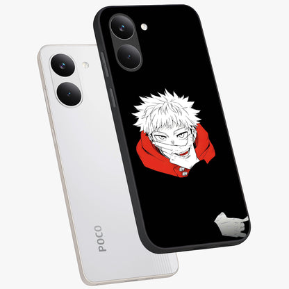 Crimson Chaos Smile Glass Case displayed in angled mockup highlighting edgy crimson smile design with graphic aesthetic.
