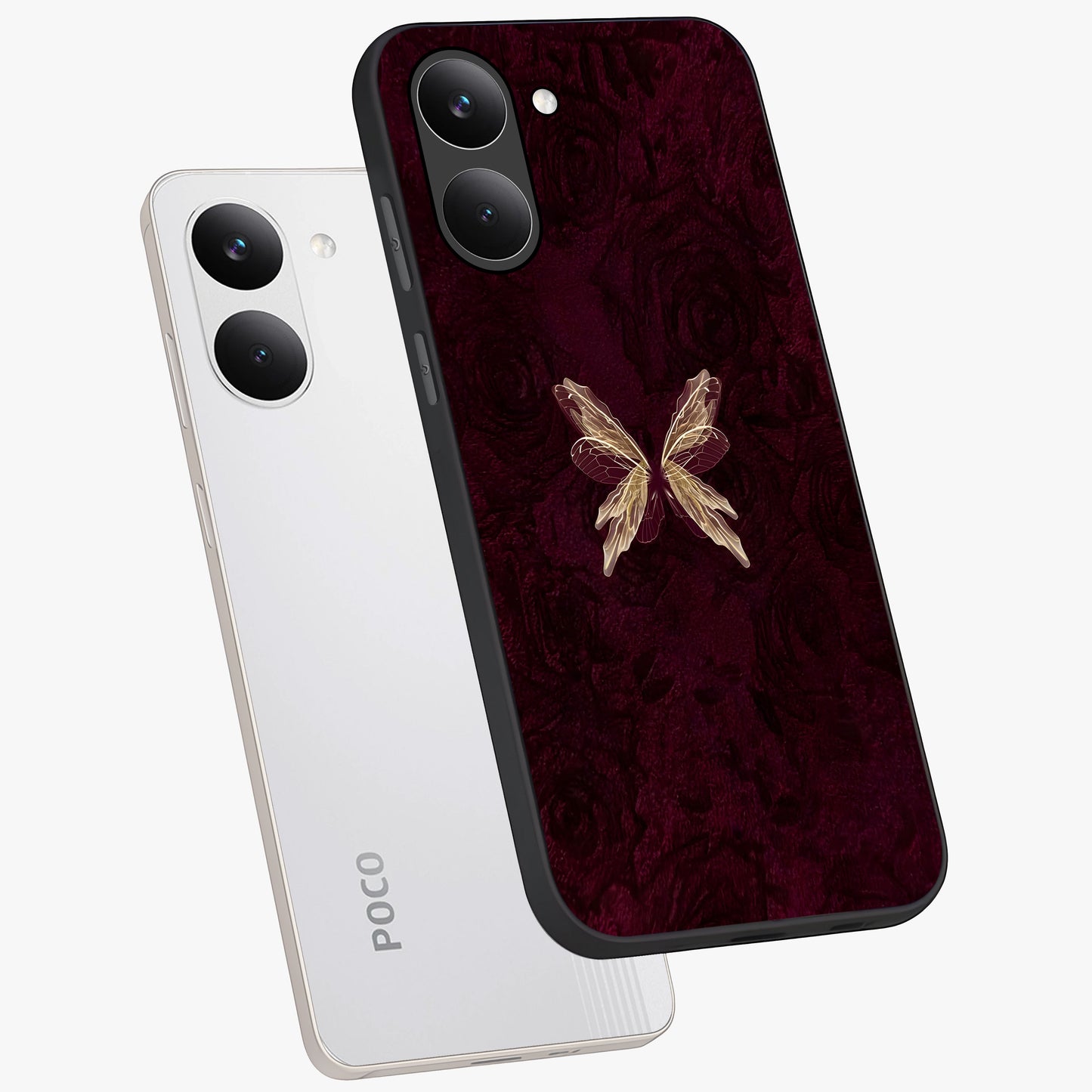 Crimson Fade Butterfly Glass Case displayed in angled mockup highlighting elegant butterfly design with crimson gradient aesthetic.